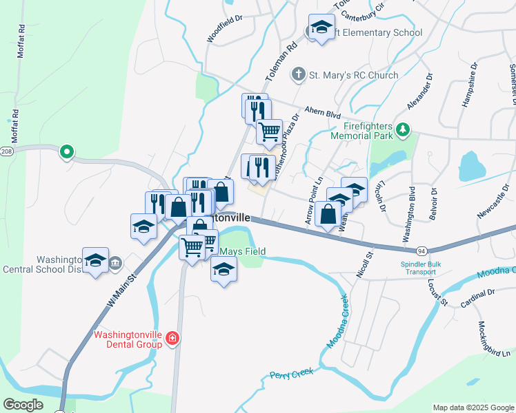 map of restaurants, bars, coffee shops, grocery stores, and more near 52 East Main Street in Washingtonville