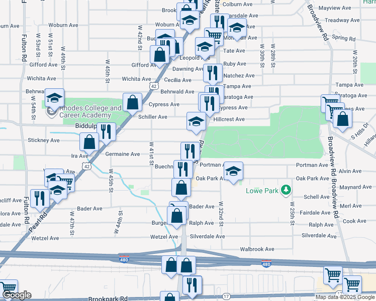 map of restaurants, bars, coffee shops, grocery stores, and more near 3602 Germaine Avenue in Cleveland