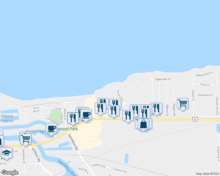 map of restaurants, bars, coffee shops, grocery stores, and more near 4590 Edgewater Drive in Vermilion