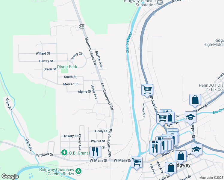map of restaurants, bars, coffee shops, grocery stores, and more near 420 Lookout Avenue in Ridgway