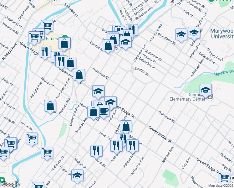 map of restaurants, bars, coffee shops, grocery stores, and more near 1634 Capouse Avenue in Scranton