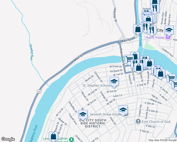 map of restaurants, bars, coffee shops, grocery stores, and more near 416 W Front St in Oil City