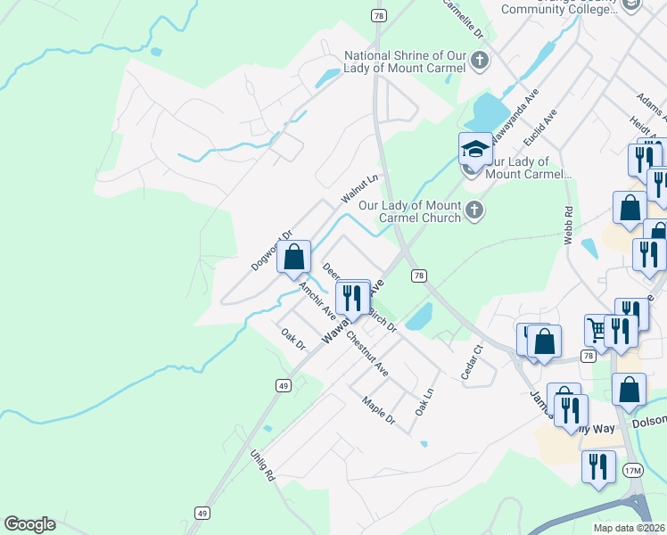 map of restaurants, bars, coffee shops, grocery stores, and more near 90 Deer Court Drive in Middletown