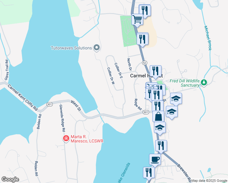 map of restaurants, bars, coffee shops, grocery stores, and more near 3 Collier Drive West in Carmel Hamlet