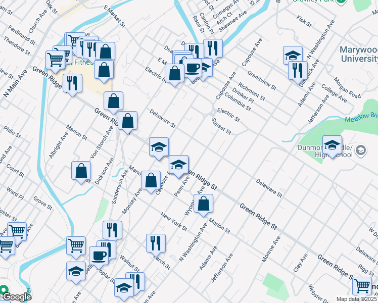map of restaurants, bars, coffee shops, grocery stores, and more near 1634 Capouse Avenue in Scranton