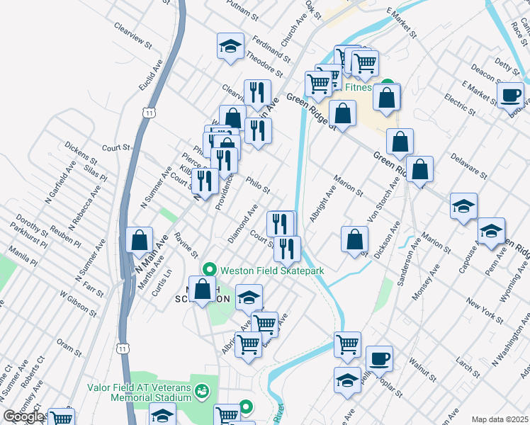 map of restaurants, bars, coffee shops, grocery stores, and more near 1224 Diamond Avenue in Scranton