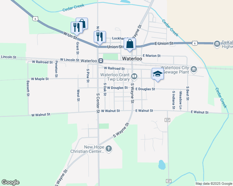 map of restaurants, bars, coffee shops, grocery stores, and more near 455 South Franklin Street in Waterloo
