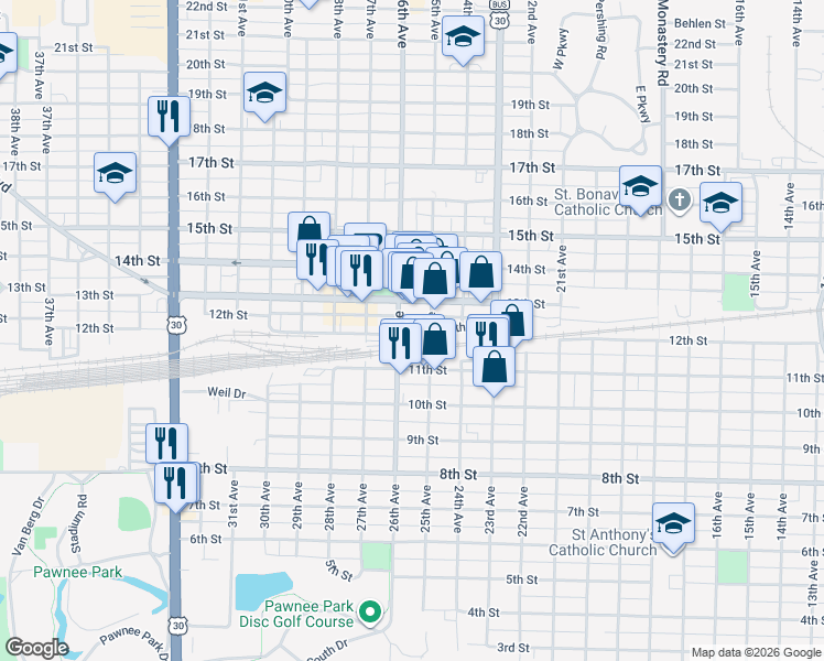 map of restaurants, bars, coffee shops, grocery stores, and more near 2520 12th Street in Columbus