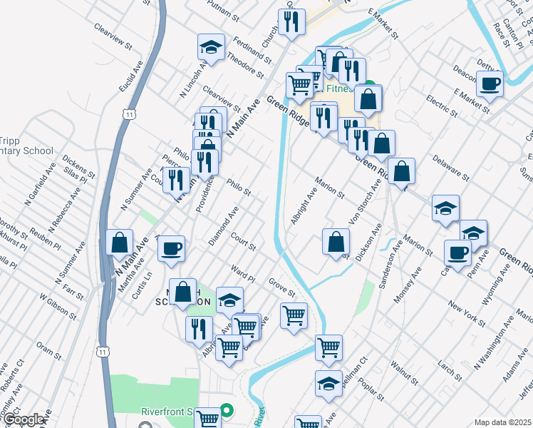 map of restaurants, bars, coffee shops, grocery stores, and more near 1244 Blair Ave in Scranton