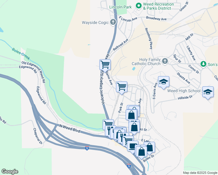 map of restaurants, bars, coffee shops, grocery stores, and more near 318 Lombardi Avenue in Weed