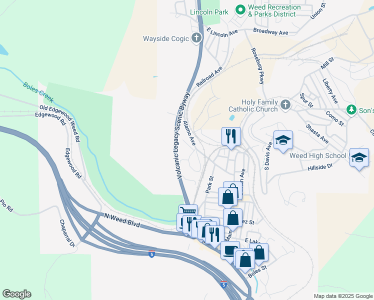 map of restaurants, bars, coffee shops, grocery stores, and more near 318 Lombardi Ave in Weed