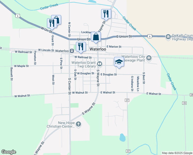 map of restaurants, bars, coffee shops, grocery stores, and more near 455 South Wayne Street in Waterloo