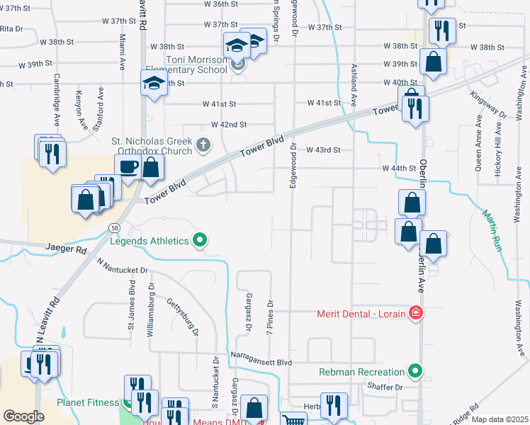 map of restaurants, bars, coffee shops, grocery stores, and more near 4606 Timberview Drive in Lorain