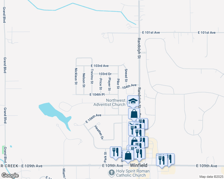 map of restaurants, bars, coffee shops, grocery stores, and more near 10451 Player Street in Crown Point