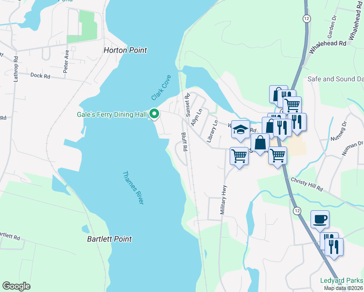 map of restaurants, bars, coffee shops, grocery stores, and more near 5 Bluff Road in Ledyard