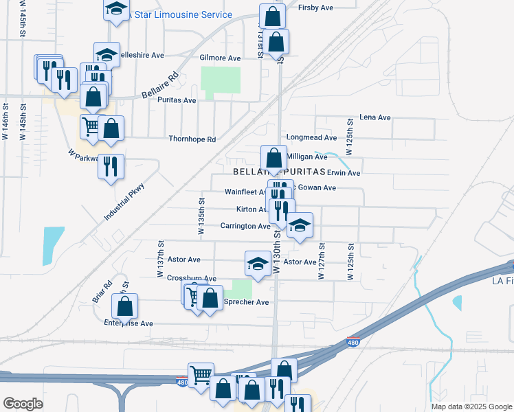 map of restaurants, bars, coffee shops, grocery stores, and more near 13120 Kirton Avenue in Cleveland