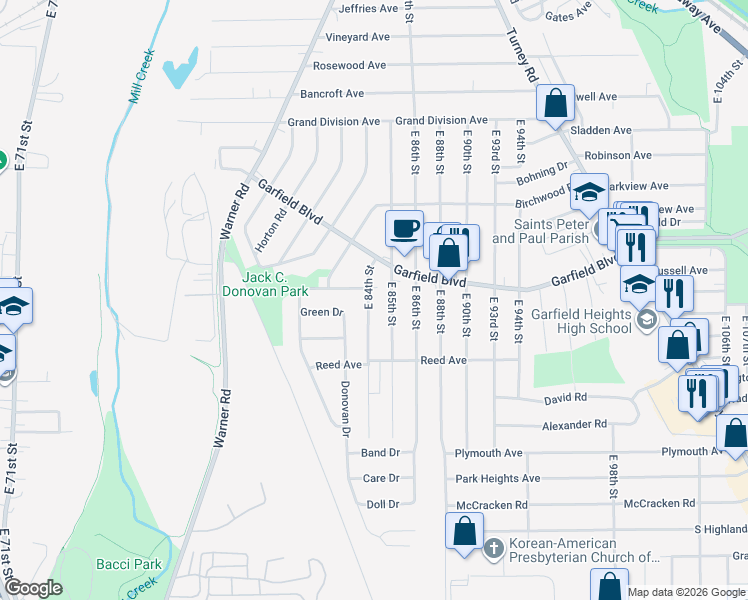 map of restaurants, bars, coffee shops, grocery stores, and more near 4812 East 84th Street in Garfield Heights