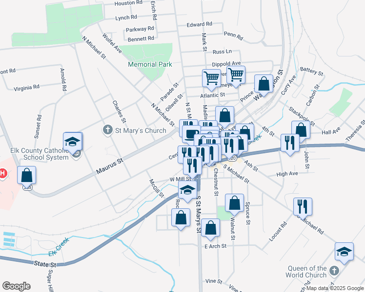 map of restaurants, bars, coffee shops, grocery stores, and more near 126 Center St in St Marys