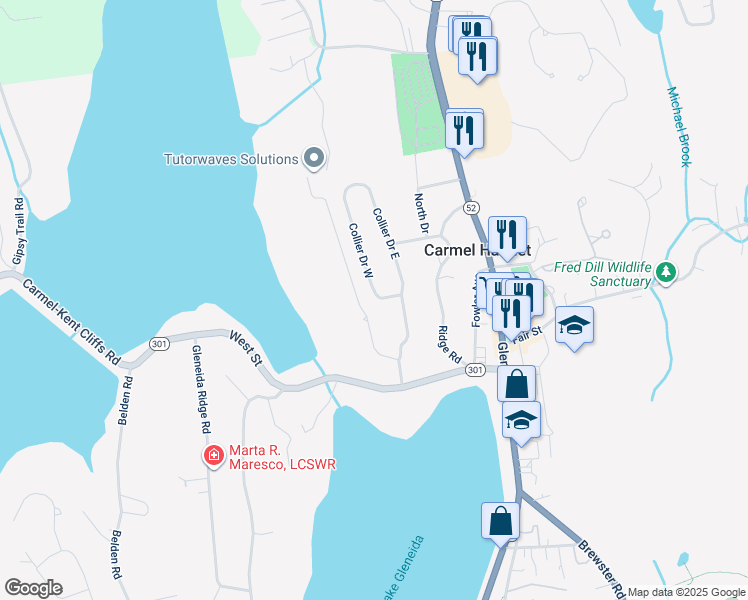 map of restaurants, bars, coffee shops, grocery stores, and more near 3 Collier Drive West in Carmel Hamlet