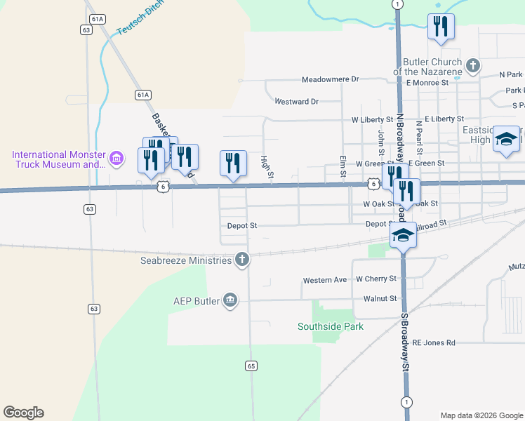 map of restaurants, bars, coffee shops, grocery stores, and more near 352 West Oak Street in Butler