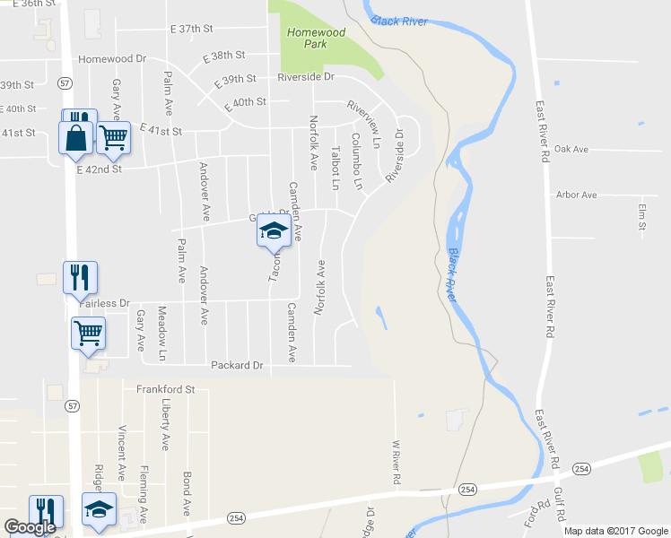 map of restaurants, bars, coffee shops, grocery stores, and more near 4514 Riverside Drive in Lorain