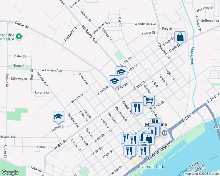 map of restaurants, bars, coffee shops, grocery stores, and more near 914 Cedar St in Muscatine