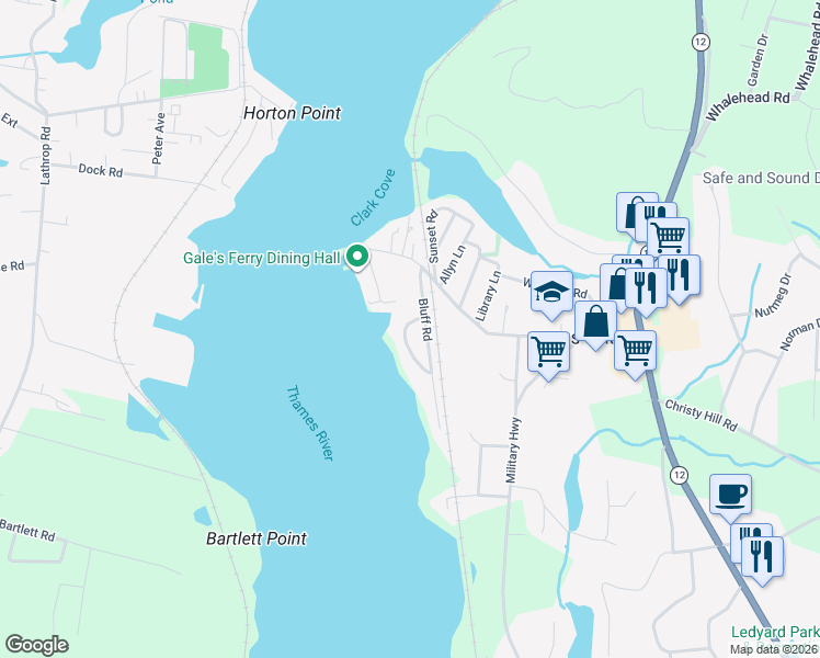 map of restaurants, bars, coffee shops, grocery stores, and more near 5 Bluff Road in Ledyard