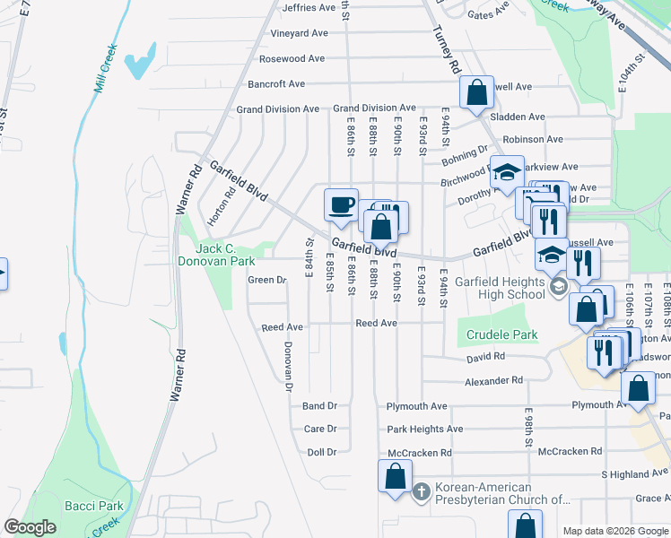 map of restaurants, bars, coffee shops, grocery stores, and more near 4813 East 85th Street in Garfield Heights