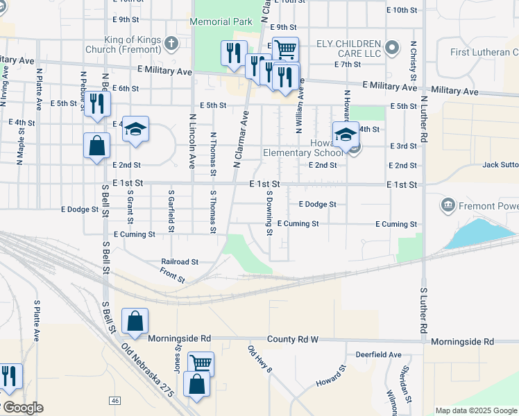 map of restaurants, bars, coffee shops, grocery stores, and more near 1915 East Dodge Street in Fremont