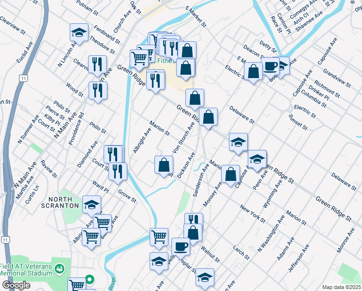map of restaurants, bars, coffee shops, grocery stores, and more near 500 Marion Street in Scranton