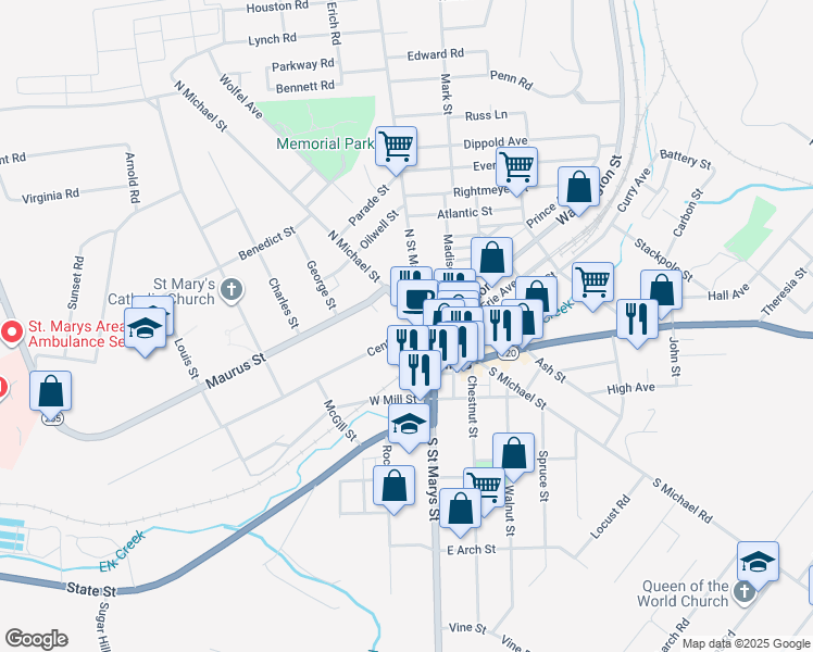 map of restaurants, bars, coffee shops, grocery stores, and more near 126 Center Street in St. Marys
