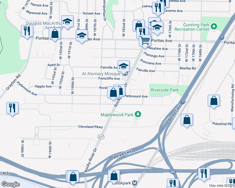 map of restaurants, bars, coffee shops, grocery stores, and more near 4664 Rocky River Drive in Cleveland