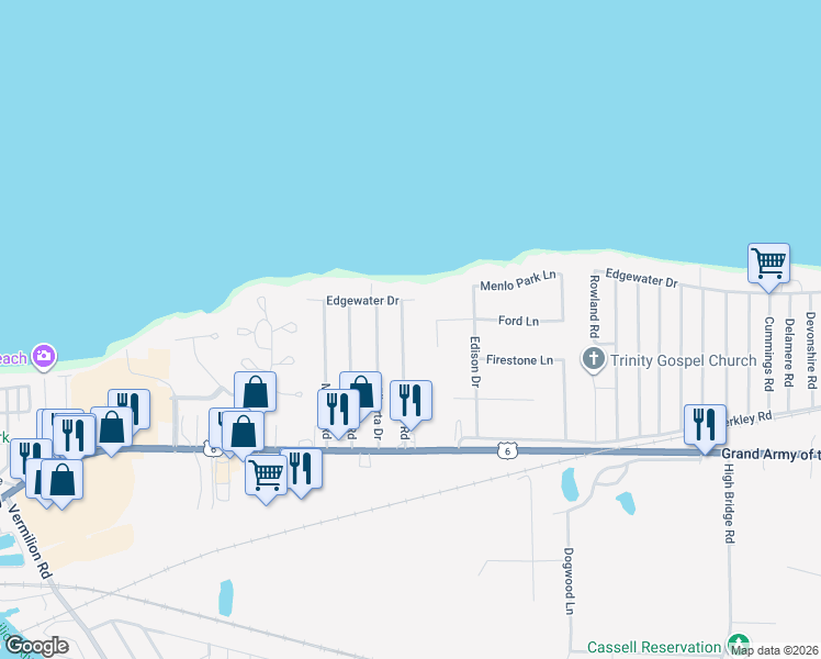 map of restaurants, bars, coffee shops, grocery stores, and more near 251 Niagara Road in Vermilion
