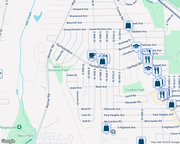 map of restaurants, bars, coffee shops, grocery stores, and more near 4813 East 85th Street in Garfield Heights