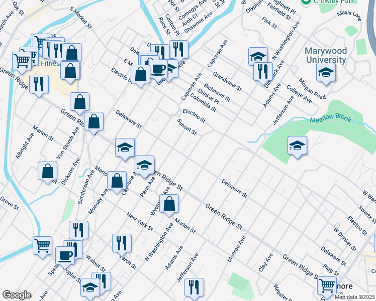 map of restaurants, bars, coffee shops, grocery stores, and more near 1709 Wyoming Ave in Scranton