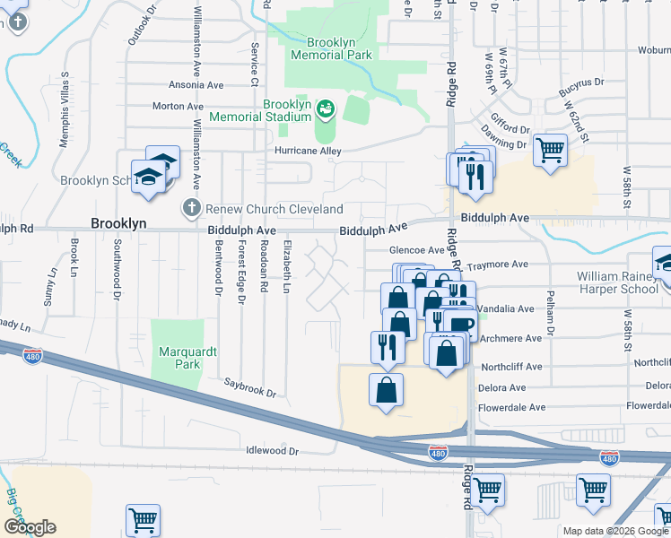 map of restaurants, bars, coffee shops, grocery stores, and more near 105 Northridge Oval in Brooklyn