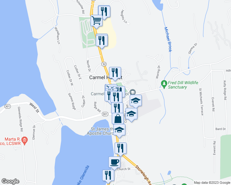 map of restaurants, bars, coffee shops, grocery stores, and more near 170 New York 52 in Carmel Hamlet