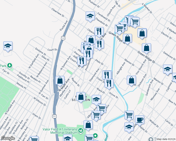 map of restaurants, bars, coffee shops, grocery stores, and more near 1212 Short Avenue in Scranton