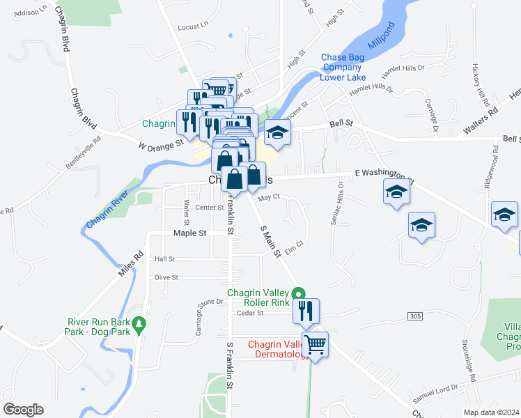 map of restaurants, bars, coffee shops, grocery stores, and more near 57 South Main Street in Chagrin Falls