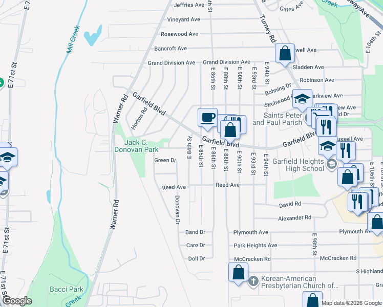map of restaurants, bars, coffee shops, grocery stores, and more near 4812 East 84th Street in Garfield Heights