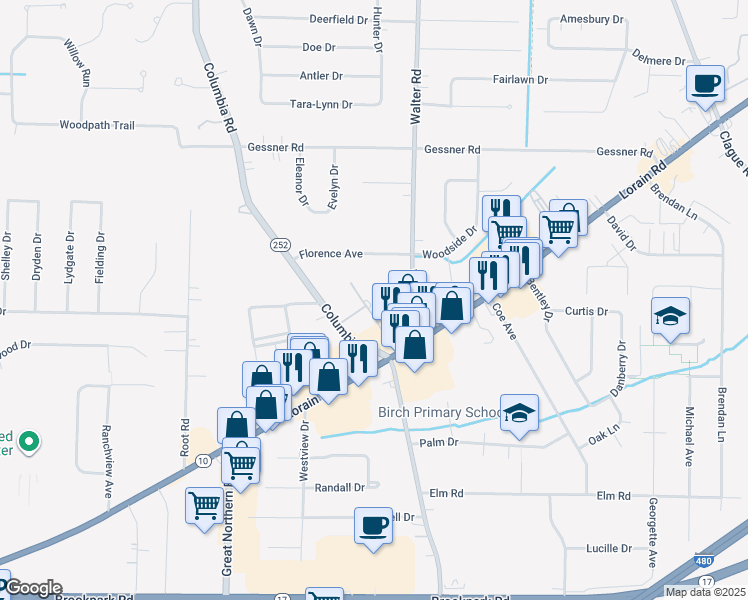 map of restaurants, bars, coffee shops, grocery stores, and more near 4183 Columbia Road in North Olmsted