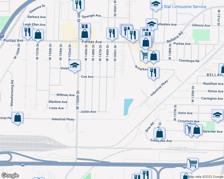 map of restaurants, bars, coffee shops, grocery stores, and more near 4636 W 145th St in Cleveland