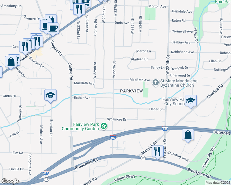 map of restaurants, bars, coffee shops, grocery stores, and more near 22685 Bard Avenue in Fairview Park