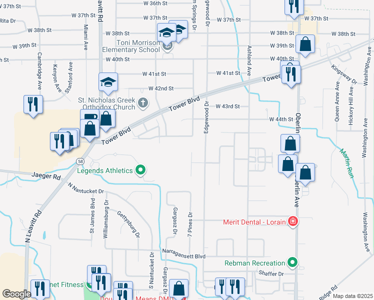 map of restaurants, bars, coffee shops, grocery stores, and more near 4606 Timberview Drive in Lorain