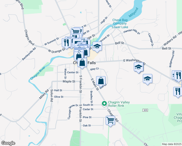 map of restaurants, bars, coffee shops, grocery stores, and more near 57 South Main Street in Chagrin Falls
