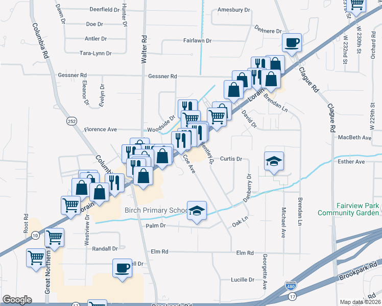 map of restaurants, bars, coffee shops, grocery stores, and more near 24121 Lorain Road in North Olmsted