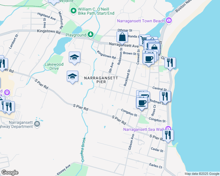 map of restaurants, bars, coffee shops, grocery stores, and more near 119 Rodman St in Narragansett