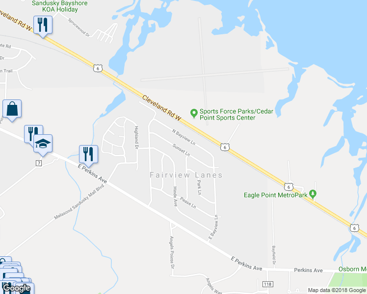 map of restaurants, bars, coffee shops, grocery stores, and more near 2819 Sunset Ln in Sandusky