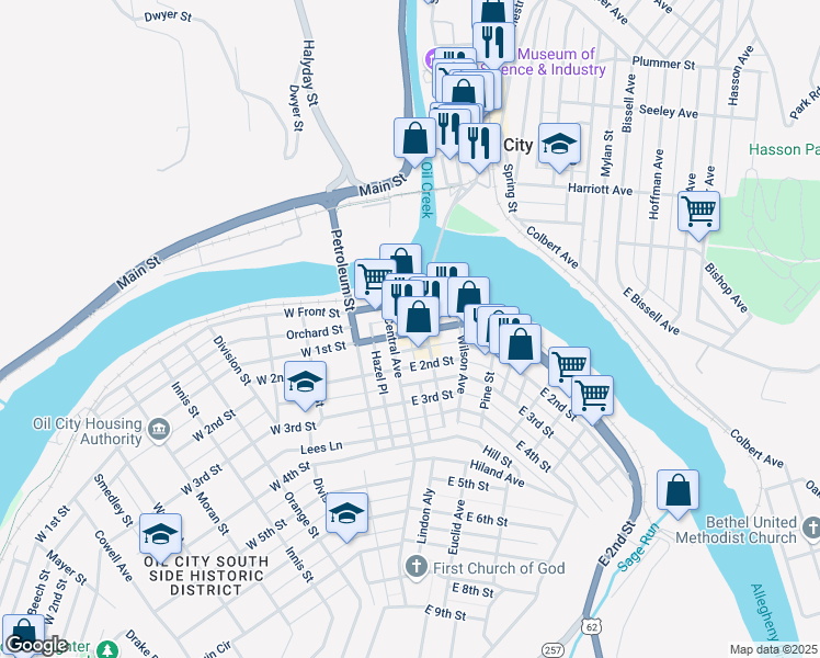 map of restaurants, bars, coffee shops, grocery stores, and more near 22 East 1st Street in Oil City
