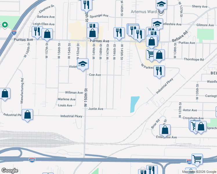 map of restaurants, bars, coffee shops, grocery stores, and more near 4637 West 147th Street in Cleveland